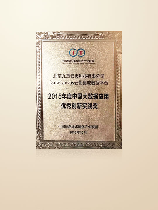 荣获中国信息技术服务联盟颁发的“2015年度中国大数据应用优秀创新实践奖”